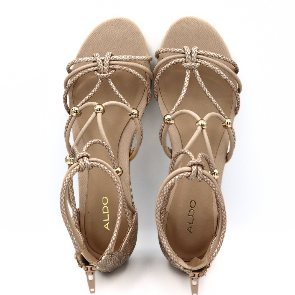 Aldo Women 8.5 Beige Snakeskin Strappy Beaded Gladiator Flat Wedge Sandals Shoes - Picture 7 of 13